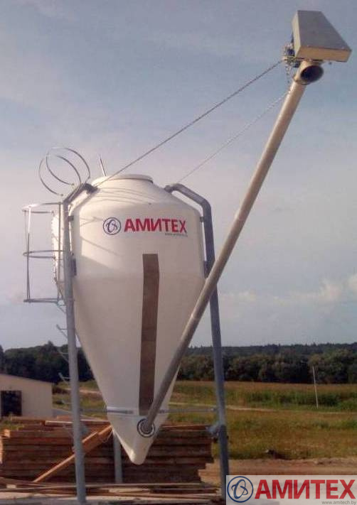 Бункер из стеклопластика 12,5 м3 ,пр-ва Амитех, объемом 12,5 м3, 7,5 т, Ø 2200 мм, с возможностью пневмозагрузки, открытия с земли, лестницей с обручами