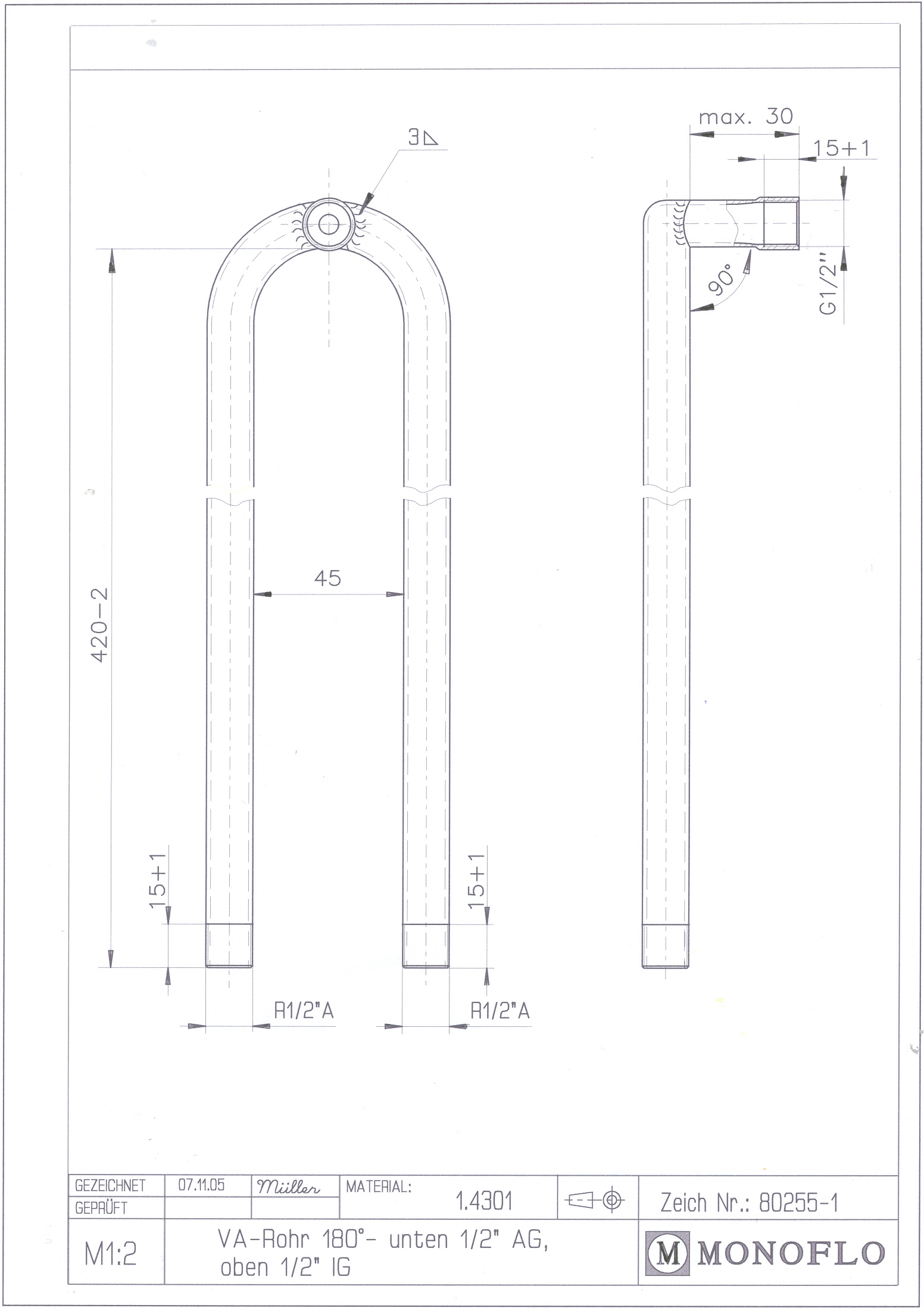 Трубка из нержавеющей стали с наружной резьбой 1/2"